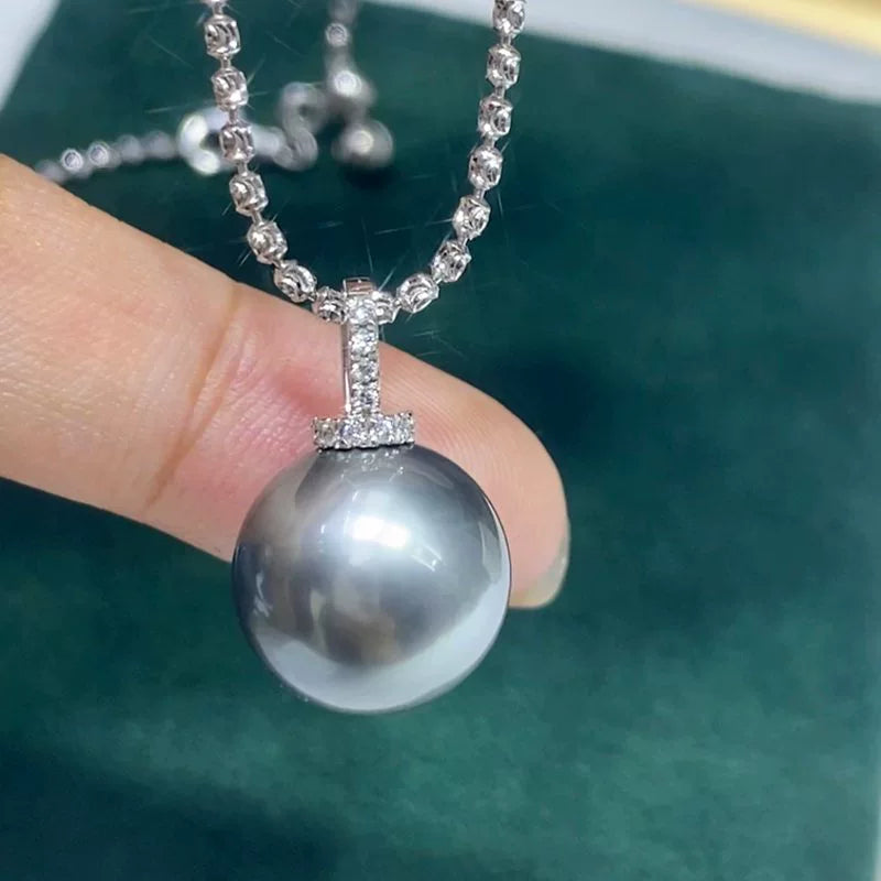 3A 10–15mm Platinum Grey Tahitian Pearl Pendant, Round Natural Pearl in 18K White Gold Zircon Bail, Strong Luster, Silver Chain Included