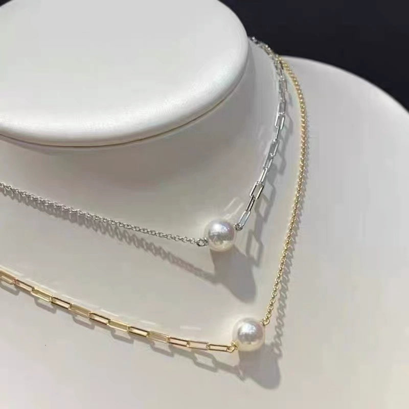 S925 Sterling Silver or Gold Necklace Setting for 8–16mm Half-Drilled Pearls, Paperclip Chain DIY Mount for Custom Pearl Jewelry