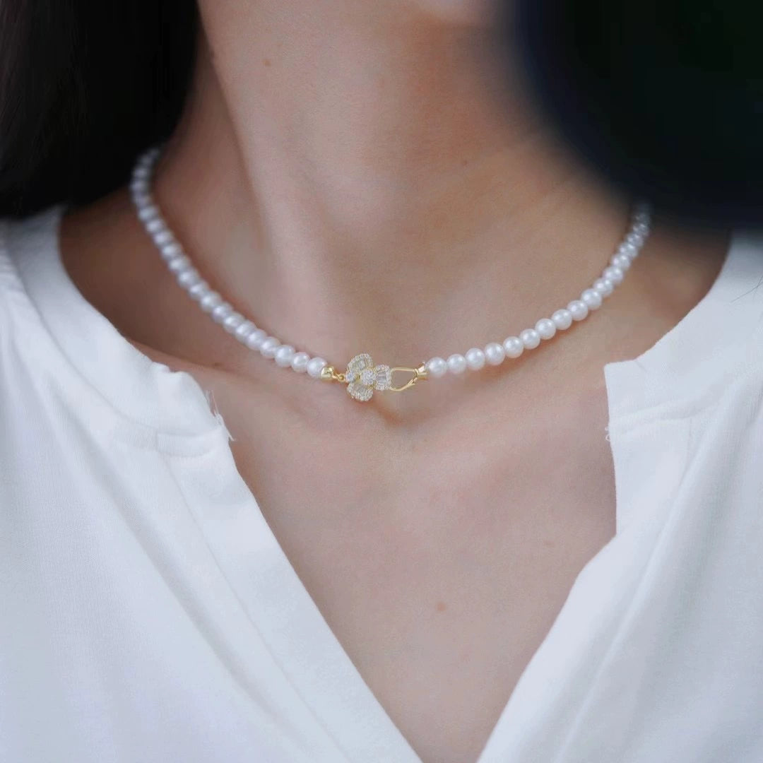 S925 sterling silver three-leaf flower pearl clasp