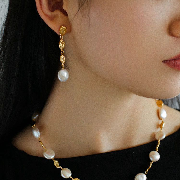 Gold Coin Button Pearl Earrings