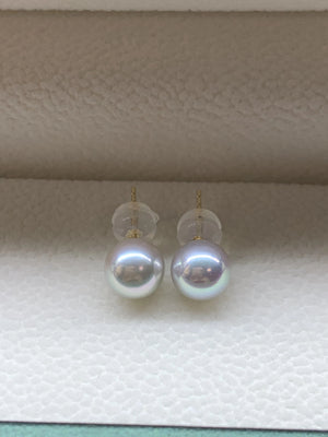 4A 5-9mm Blue Rose Akoya Pearl Earrings, Natural Round Saltwater Pearls with 18K Gold Stud Setting High Luster Slight Blemish Jewelry