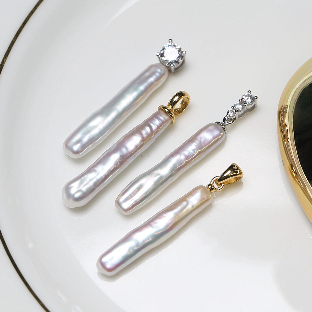 5A Baroque Freshwater Pearl Pendant, Toothpick Shape with S925 Bail