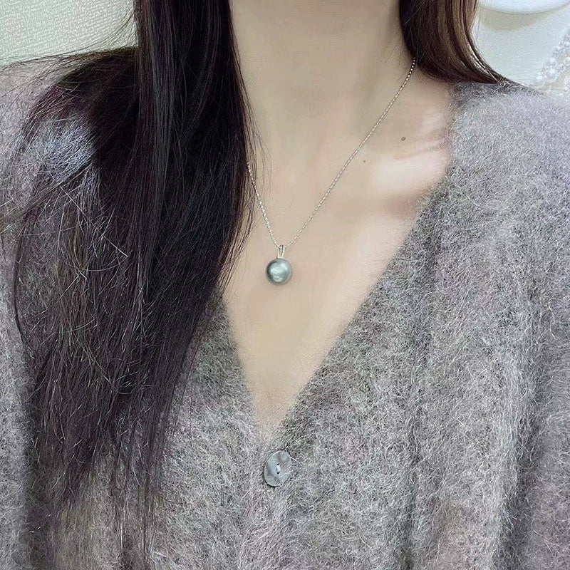 3A 10–15mm Platinum Grey Tahitian Pearl Pendant, Round Natural Pearl in 18K White Gold Zircon Bail, Strong Luster, Silver Chain Included