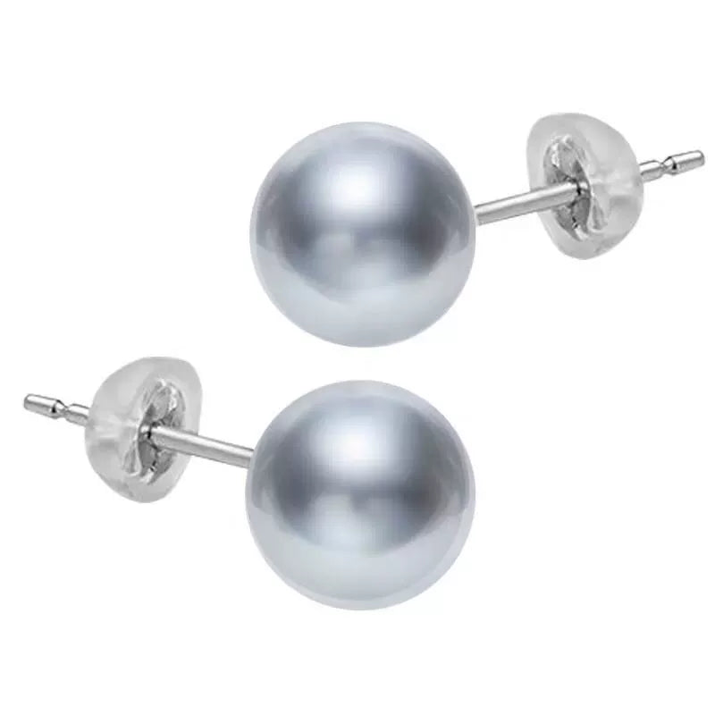 5A 8–12mm Round Tahitian Pearl Stud Earrings, Natural Platinum Grey Sea Pearls in 18K Gold, Strong Luster Elegant Basic Style Jewelry