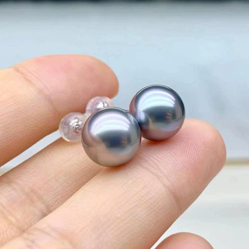 5A 8–12mm Round Tahitian Pearl Stud Earrings, Natural Platinum Grey Sea Pearls in 18K Gold, Strong Luster Elegant Basic Style Jewelry