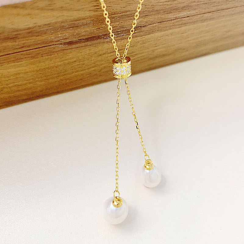 S925 Sterling Silver Long Tassel Double Pearl Necklace Setting