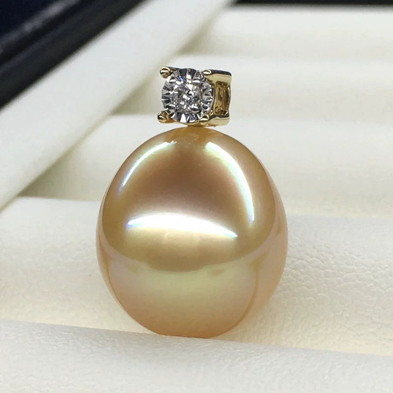 5A 13–14mm Oval Golden South Sea Pearl Pendant, 18K Gold Diamond Drop Setting, Teardrop Sea Pearl Diana Style, Custom Color Match