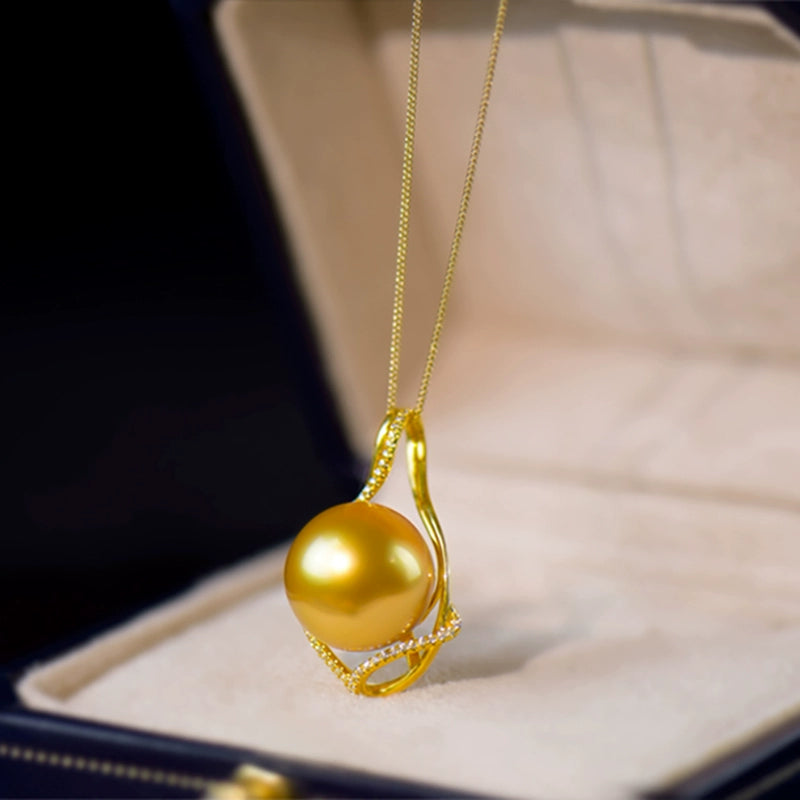 5A 13–14mm Deep Golden South Sea Pearl Pendant, Luxury 18K Gold Setting Gift for Mom, Round Sea Pearl No Chain Included