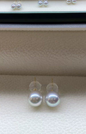 4A 5-9mm Blue Rose Akoya Pearl Earrings, Natural Round Saltwater Pearls with 18K Gold Stud Setting High Luster Slight Blemish Jewelry