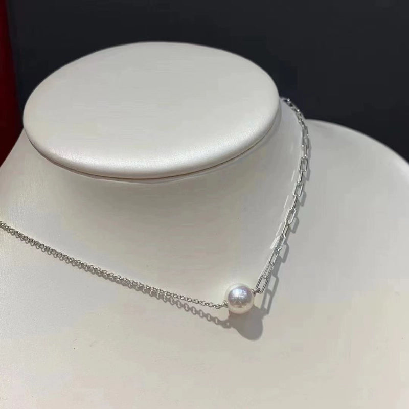S925 Sterling Silver or Gold Necklace Setting for 8–16mm Half-Drilled Pearls, Paperclip Chain DIY Mount for Custom Pearl Jewelry