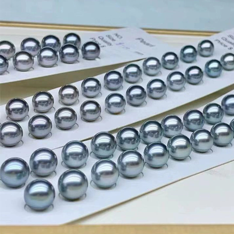 5A 8–12mm Round Tahitian Pearl Stud Earrings, Natural Platinum Grey Sea Pearls in 18K Gold, Strong Luster Elegant Basic Style Jewelry
