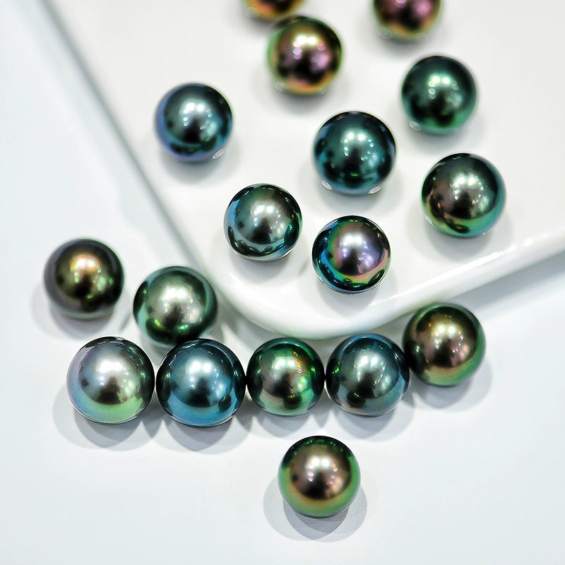 5A 8–14mm Natural Round Tahitian Black Pearl, Flawless Peacock Green Blue Purple Sea Pearl, Undrilled Loose Bead for Custom Jewelry