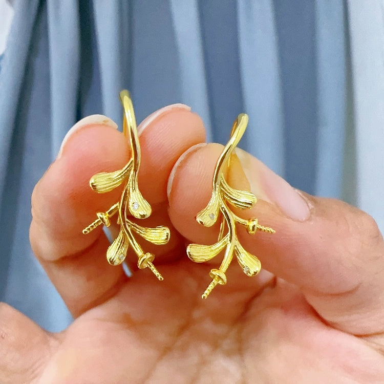 S925 Sterling Silver Leaf Branch Earring Setting