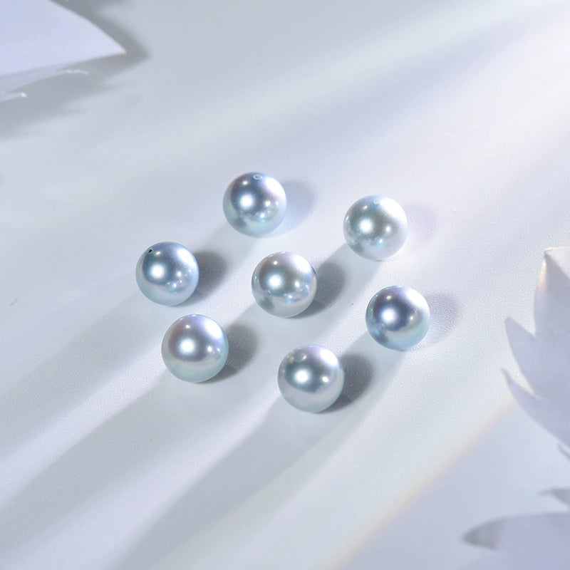 4A 4-10mm Silver Grey Akoya Pearl, Natural Round Loose Pearl with Strong Luster, Undrilled Half Drilled 1mm or Fully Drilled 0.7mm