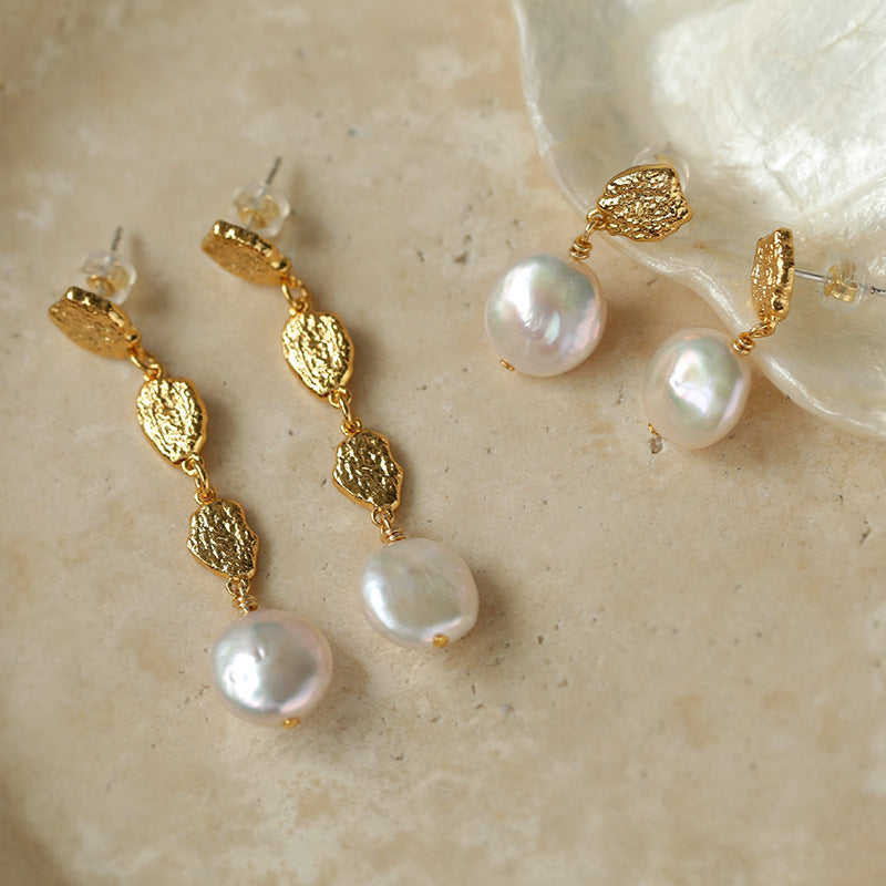 Gold Coin Button Pearl Earrings