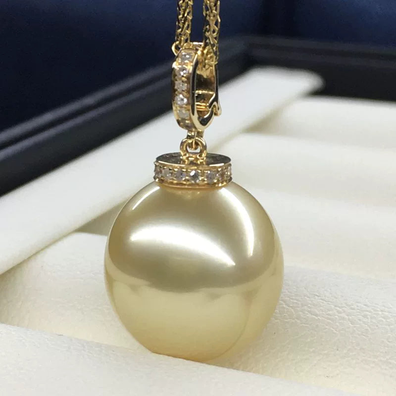 5A 13–14mm Natural Golden South Sea Pearl Pendant, Teardrop Pearl in 18K Gold Diamond Clip Bail, Universal Cap Setting Drop Jewelry