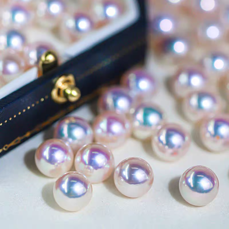 5A 4-10mm White Pink Overtone Akoya Pearl, Natural Round Saltwater Pearl High Luster Loose Pearl