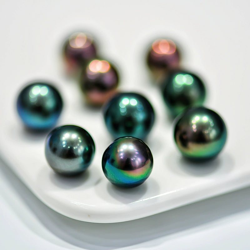 5A 8–14mm Natural Round Tahitian Black Pearl, Flawless Peacock Green Blue Purple Sea Pearl, Undrilled Loose Bead for Custom Jewelry