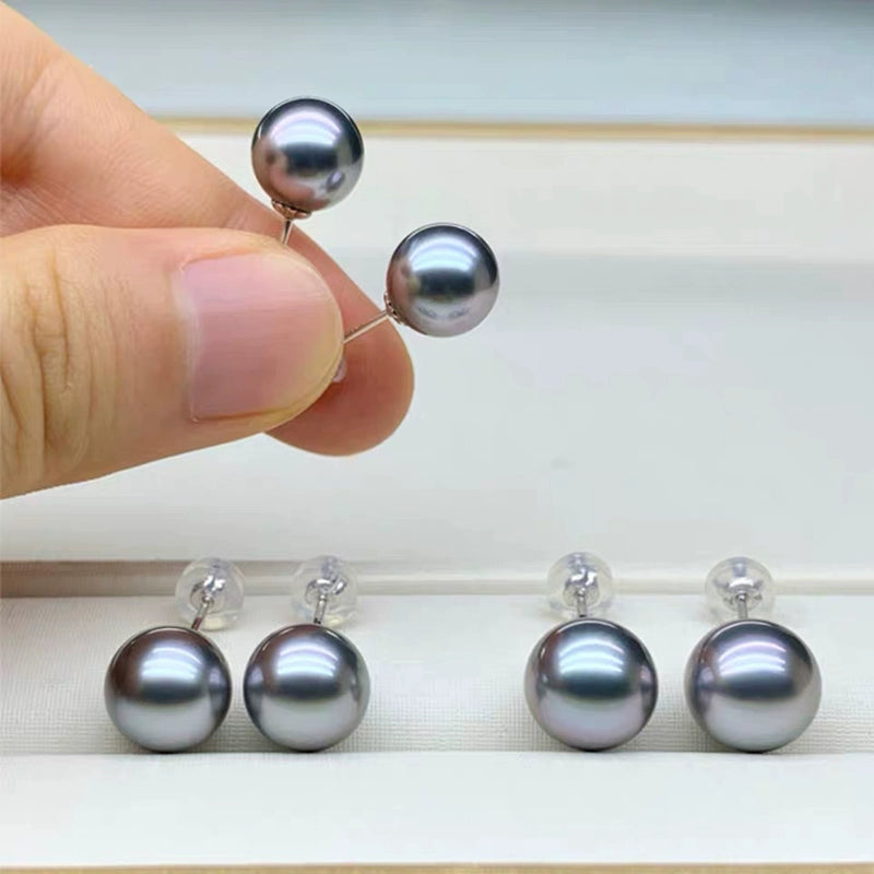 5A 8–12mm Round Tahitian Pearl Stud Earrings, Natural Platinum Grey Sea Pearls in 18K Gold, Strong Luster Elegant Basic Style Jewelry