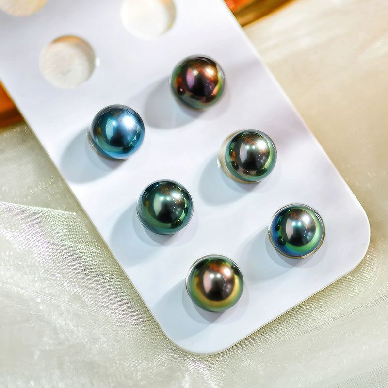 5A 8–14mm Natural Round Tahitian Black Pearl, Flawless Peacock Green Blue Purple Sea Pearl, Undrilled Loose Bead for Custom Jewelry
