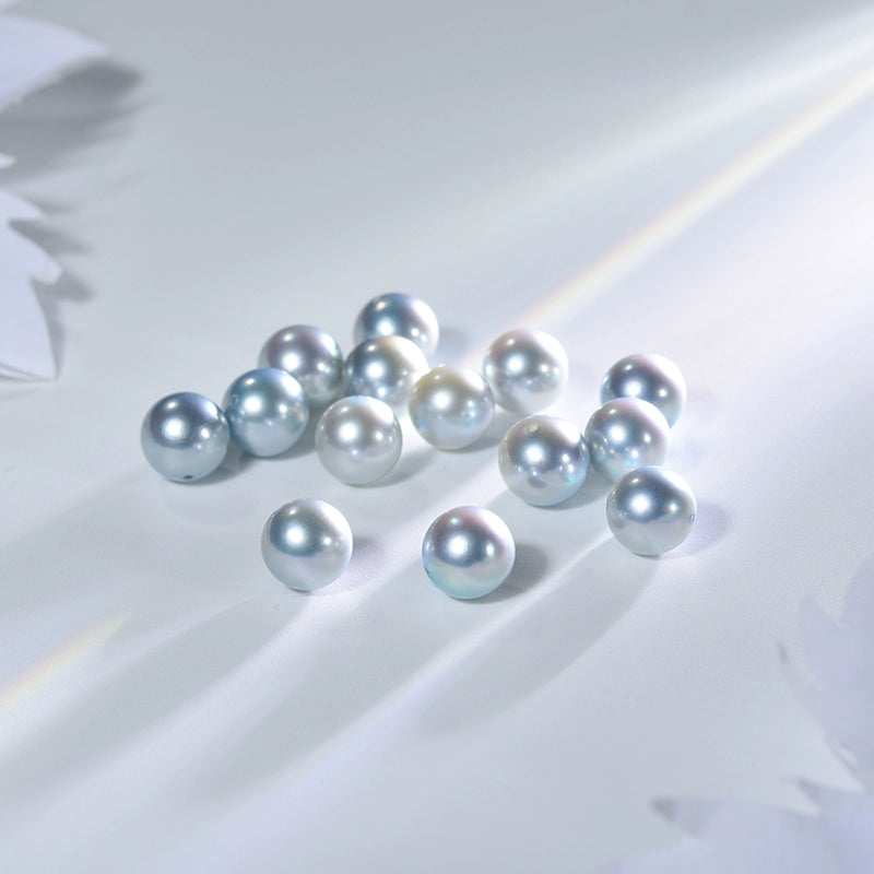 4A 4-10mm Silver Grey Akoya Pearl, Natural Round Loose Pearl with Strong Luster, Undrilled Half Drilled 1mm or Fully Drilled 0.7mm