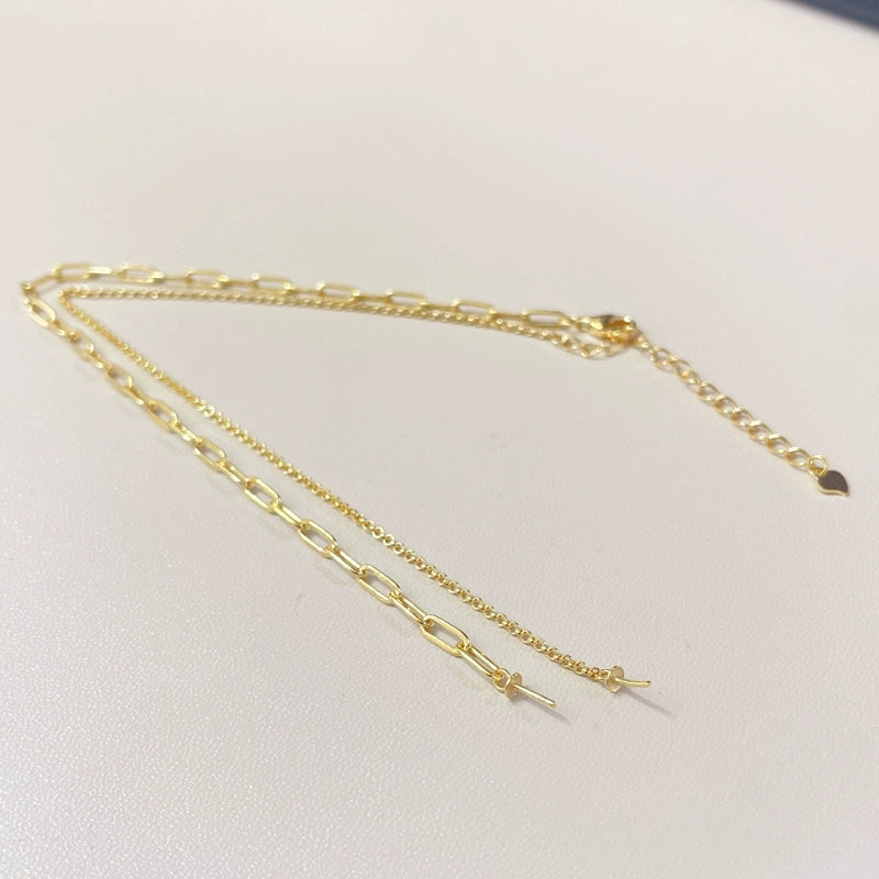 S925 Sterling Silver or Gold Necklace Setting for 8–16mm Half-Drilled Pearls, Paperclip Chain DIY Mount for Custom Pearl Jewelry
