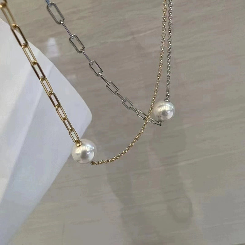 S925 Sterling Silver or Gold Necklace Setting for 8–16mm Half-Drilled Pearls, Paperclip Chain DIY Mount for Custom Pearl Jewelry