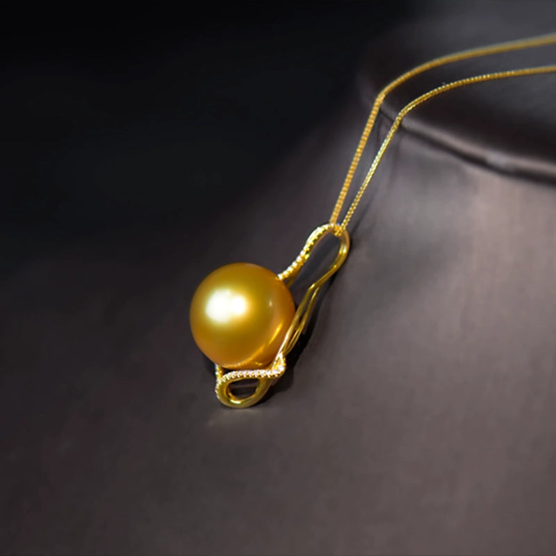5A 13–14mm Deep Golden South Sea Pearl Pendant, Luxury 18K Gold Setting Gift for Mom, Round Sea Pearl No Chain Included