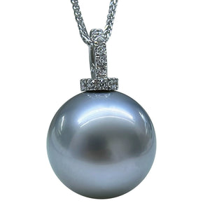 18K Gold 5A Platinum Grey Tahitian Pearl Pendant Necklace, Round High Luster Sea Pearl with Diamond Universal Bail, Pearl Wholesale