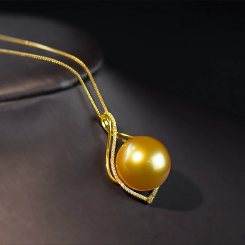5A 13–14mm Deep Golden South Sea Pearl Pendant, Luxury 18K Gold Setting Gift for Mom, Round Sea Pearl No Chain Included