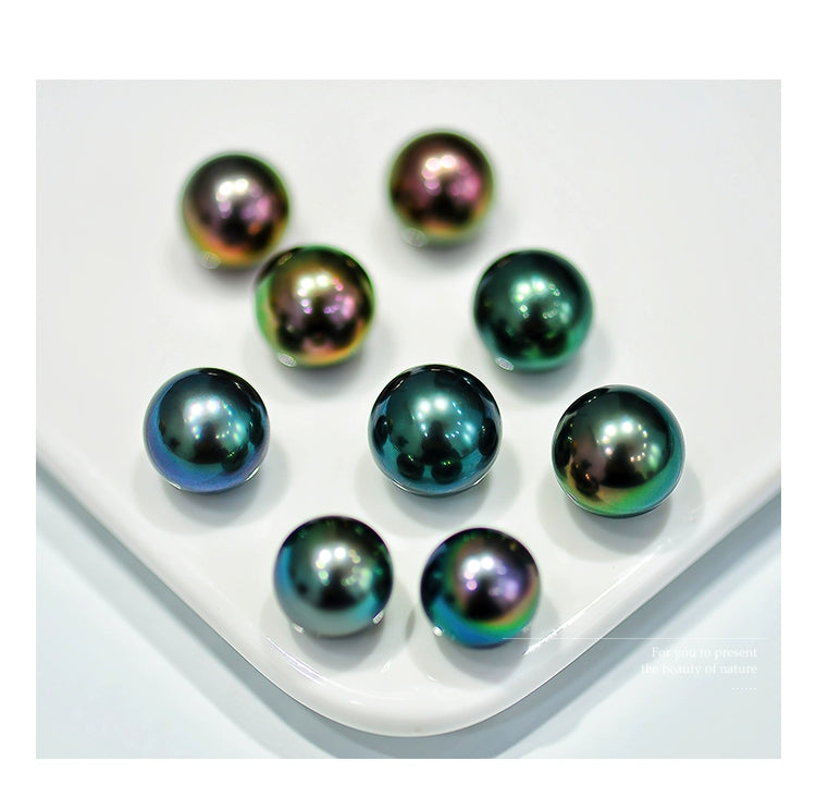 5A 8–14mm Natural Round Tahitian Black Pearl, Flawless Peacock Green Blue Purple Sea Pearl, Undrilled Loose Bead for Custom Jewelry