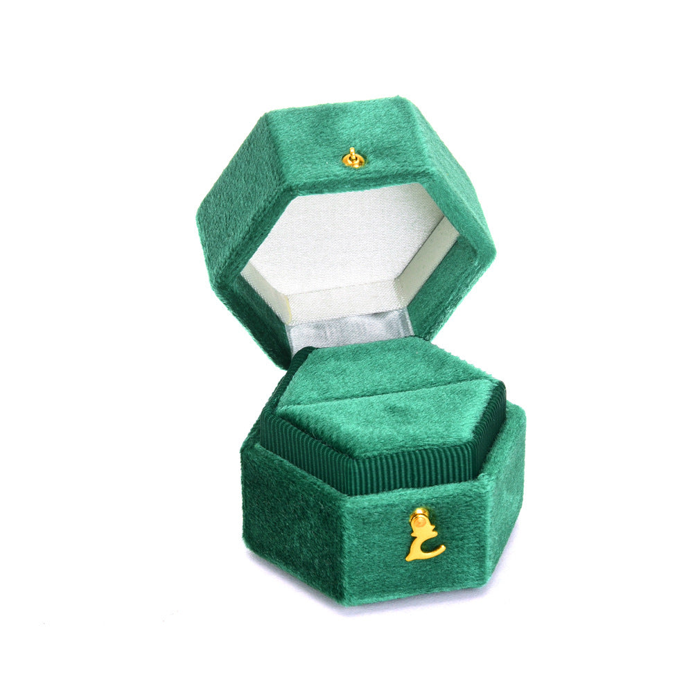 Hexagon Velvet Ring Box Green Wedding Proposal Ring Box