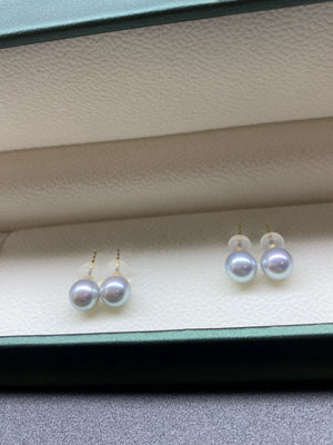 4A 5-9mm Blue Rose Akoya Pearl Earrings, Natural Round Saltwater Pearls with 18K Gold Stud Setting High Luster Slight Blemish Jewelry