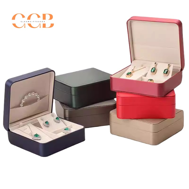 PU leather jewelry set box for necklace ring earrings bracelet display packaging gift box for wedding bridal custom logo bulk order