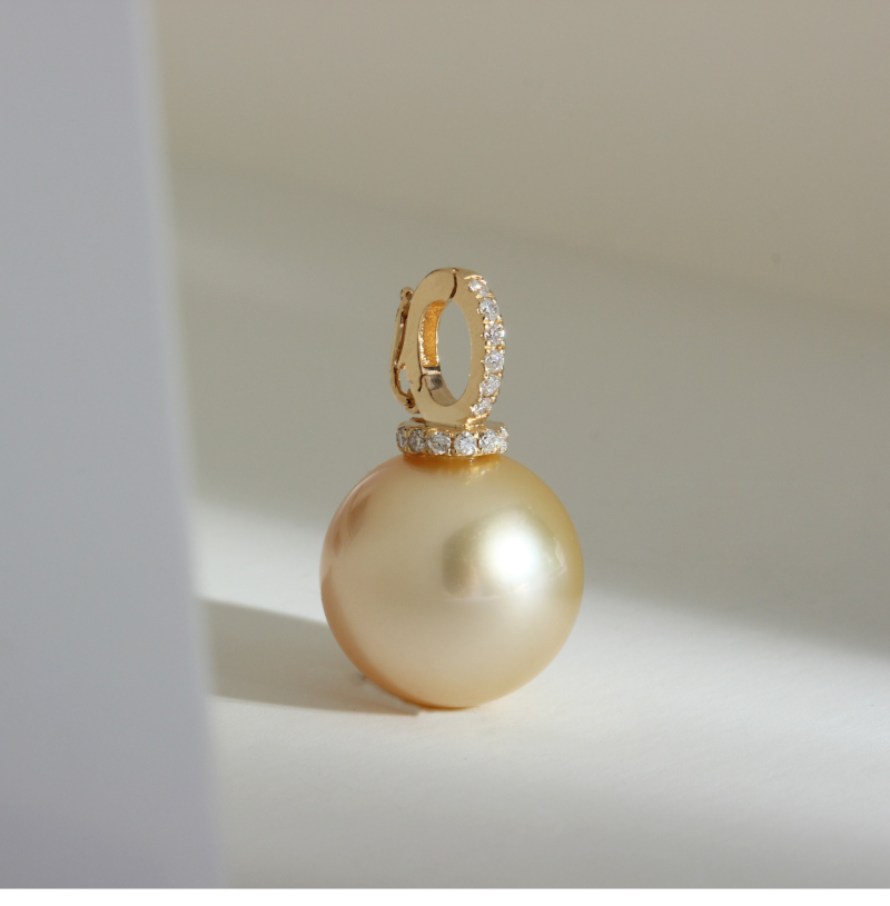 3A 12mm Light Golden South Sea Pearl Pendant, Round Natural Sea Pearl in 18K Gold Clip Bail, Moveable Clasp for DIY or Fine Necklace