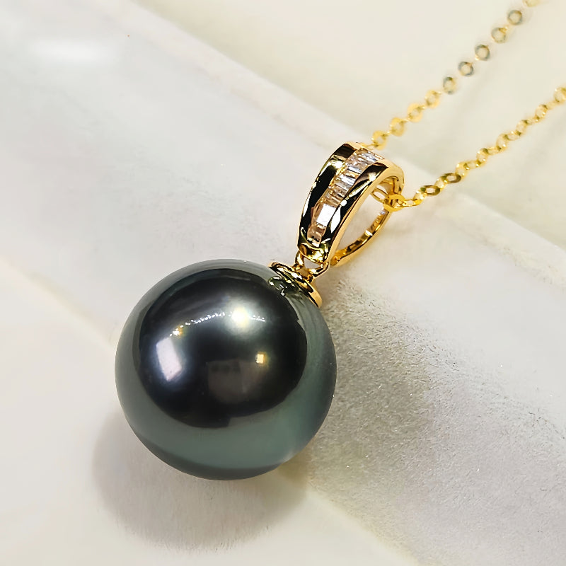 18K Gold 3A 8-13mm Tahitian Black Pearl Pendant Necklace, Round High Luster Sea Pearl with Diamond Bail, Luxury Jewelry, Pearl Wholesale