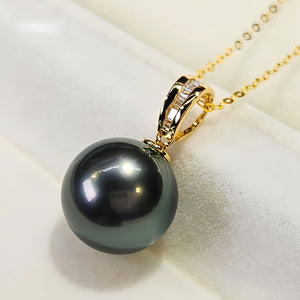 18K Gold 3A 8-13mm Tahitian Black Pearl Pendant Necklace, Round High Luster Sea Pearl with Diamond Bail, Luxury Jewelry, Pearl Wholesale