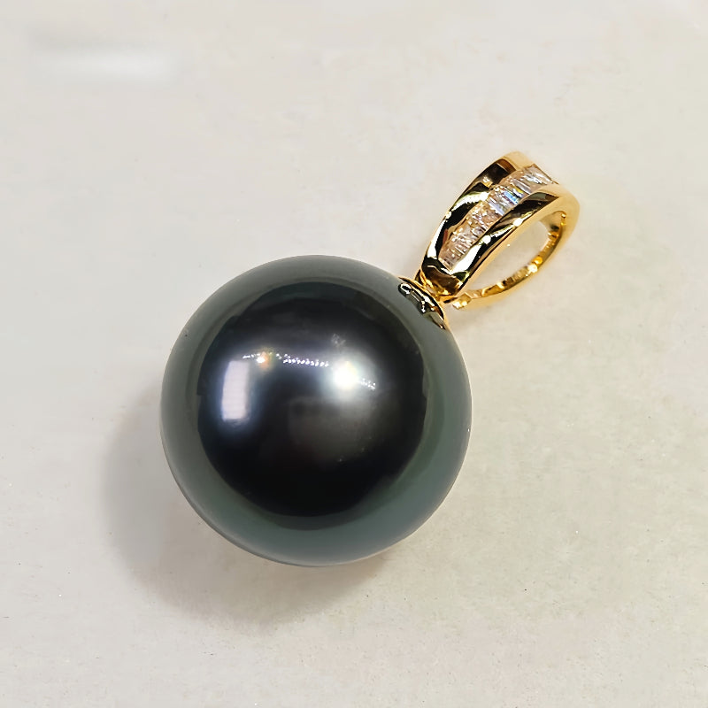 18K Gold 3A 8-13mm Tahitian Black Pearl Pendant Necklace, Round High Luster Sea Pearl with Diamond Bail, Luxury Jewelry, Pearl Wholesale