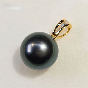 18K Gold 3A 8-13mm Tahitian Black Pearl Pendant Necklace, Round High Luster Sea Pearl with Diamond Bail, Luxury Jewelry, Pearl Wholesale