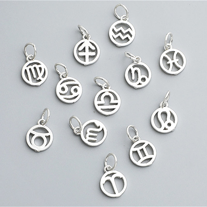 S925 Sterling Silver Twelve Constellation Pendant, DIY Beaded Rope Bracelet Necklace Accessories, 8.2mm & 9.2mm