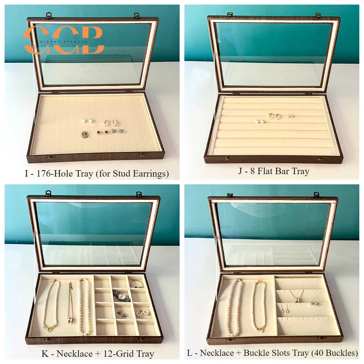 Large Wood Grain Jewelry Display Box with Glass Lid, Storage Tray