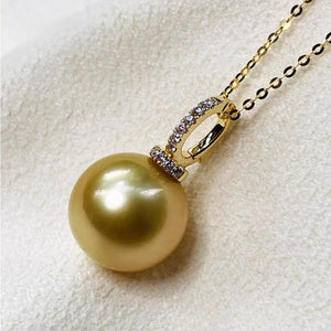 18K Gold 4A 9-14mm Golden South Sea Pearl Pendant Necklace, Round High Luster Pearl with Diamond Bail, Luxury Jewelry, Pearl Wholesale
