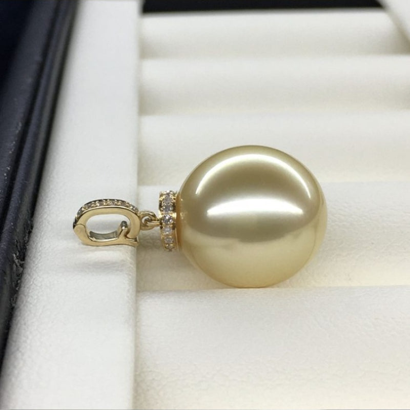 5A 13–14mm Natural Golden South Sea Pearl Pendant, Teardrop Pearl in 18K Gold Diamond Clip Bail, Universal Cap Setting Drop Jewelry