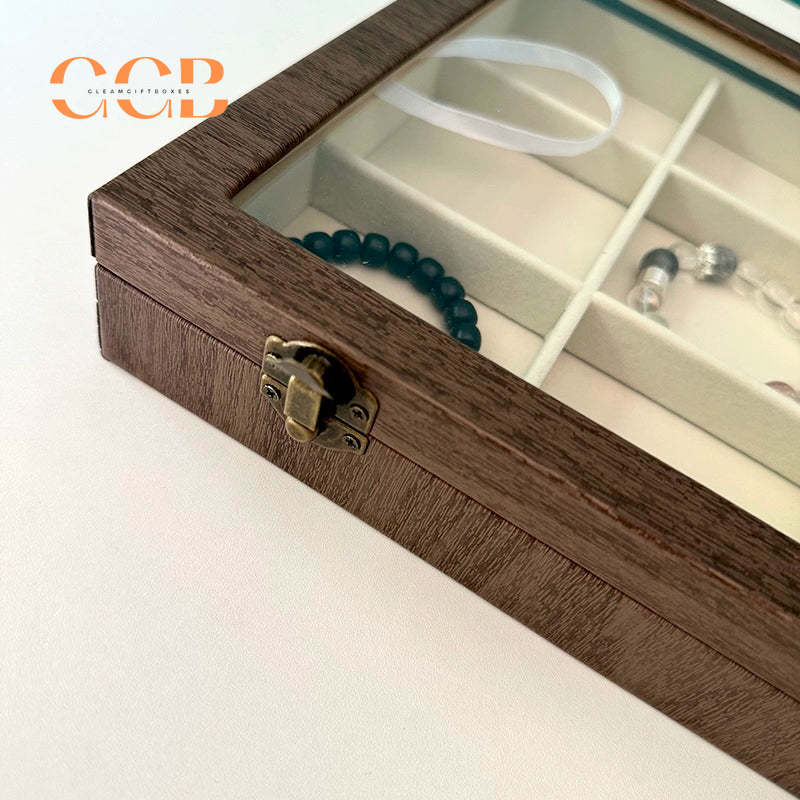 Large Wood Grain Jewelry Display Box with Glass Lid, Storage Tray