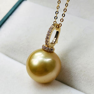 18K Gold 4A 9-14mm Golden South Sea Pearl Pendant Necklace, Round High Luster Pearl with Diamond Bail, Luxury Jewelry, Pearl Wholesale