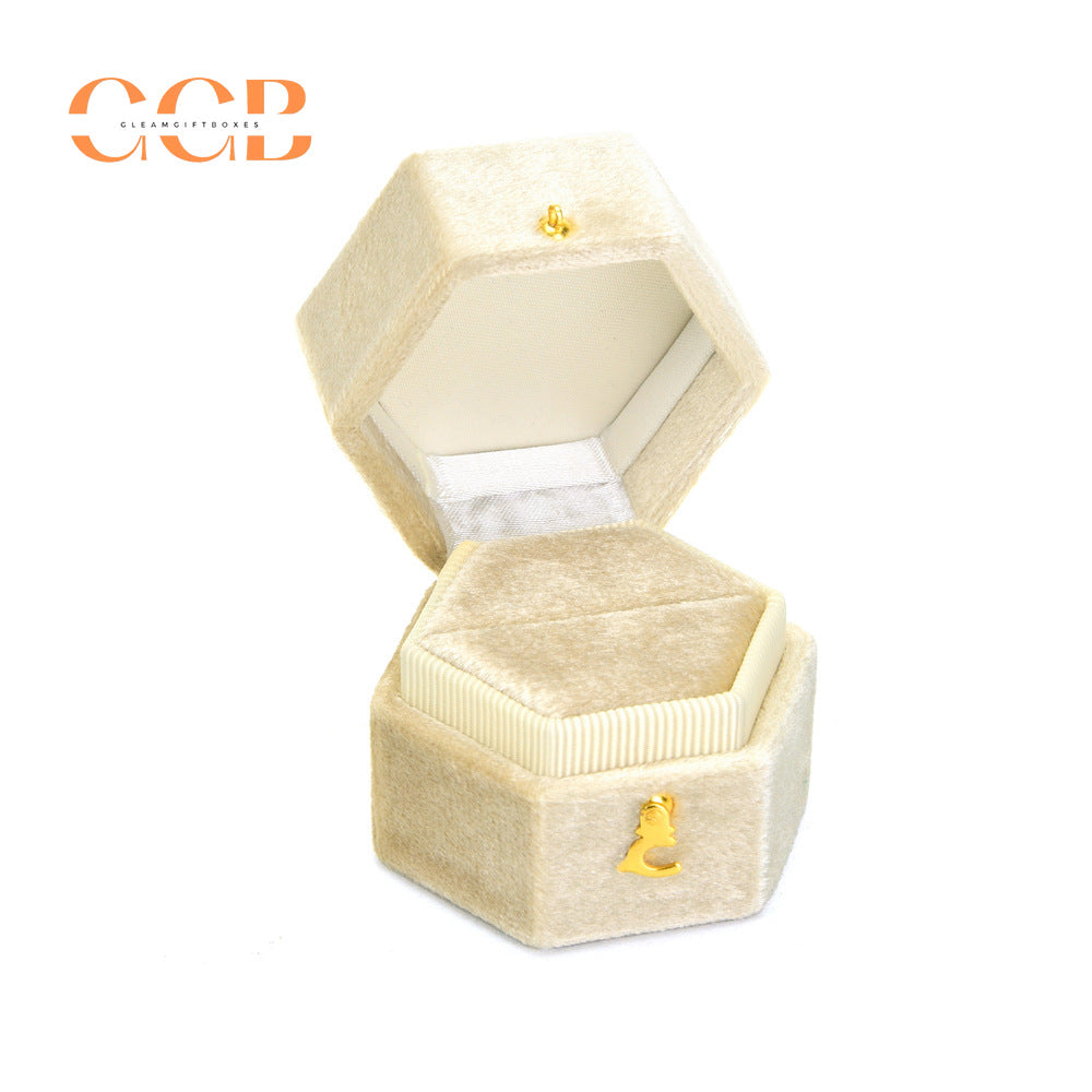 Hexagon Velvet Ring Box Green Wedding Proposal Ring Box