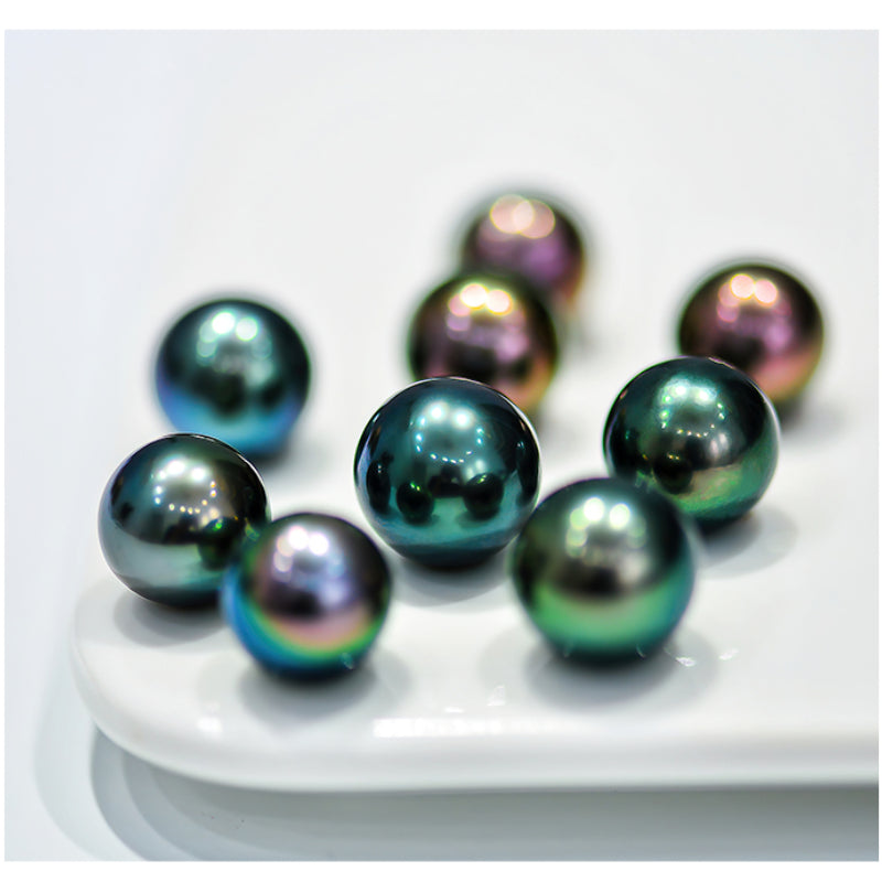 5A 8–14mm Natural Round Tahitian Black Pearl, Flawless Peacock Green Blue Purple Sea Pearl, Undrilled Loose Bead for Custom Jewelry