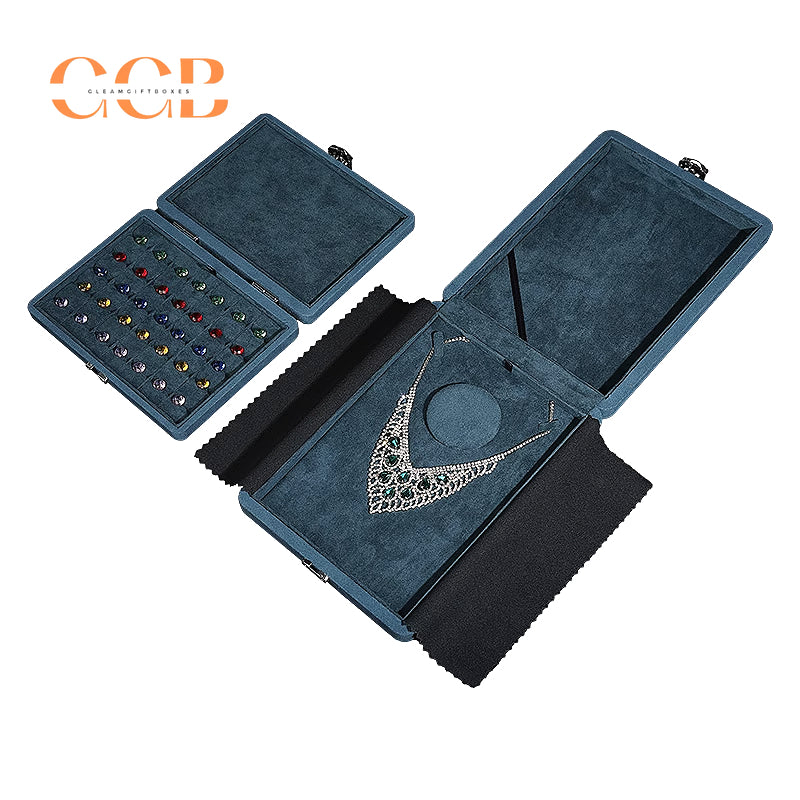 Rectangle blue microfiber chain snap box for loose diamond and gemstone storage