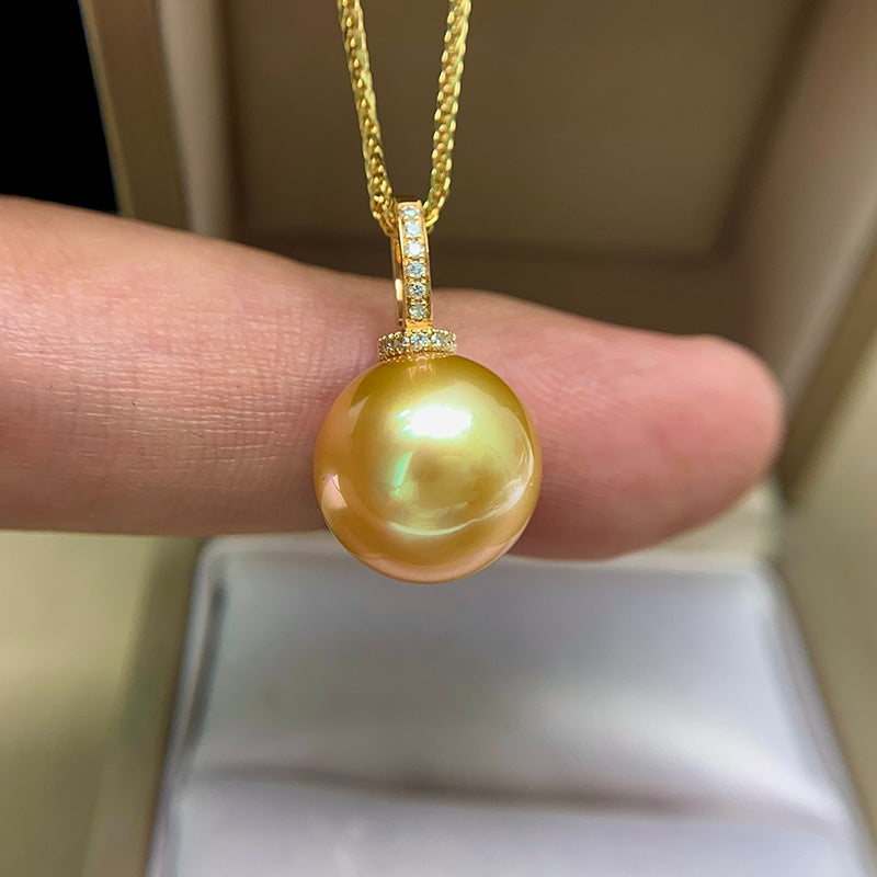5A 12–14mm Deep Golden South Sea Pearl Pendant, Round Flawless Pearl in 18K Gold Diamond Bail, Luxury High Luster Sea Pearl Jewelry