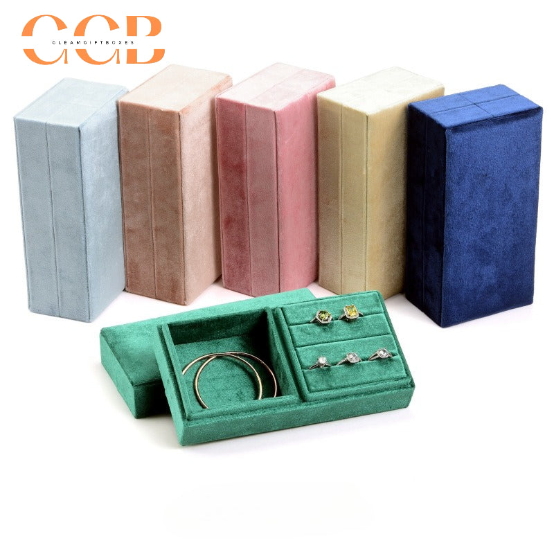 Rectangular Velvet Jewellery Box，Velvet Jewelry Box with Divided Compartments, Ring Slots & Bracelet Section, Vanity & Drawer Storage